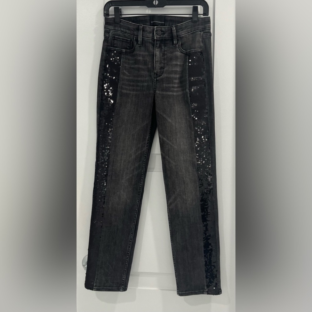 WHITE HOUSE BLACK MARKET High-Rise Sequined Tuxedo Stripe Straight Jeans…